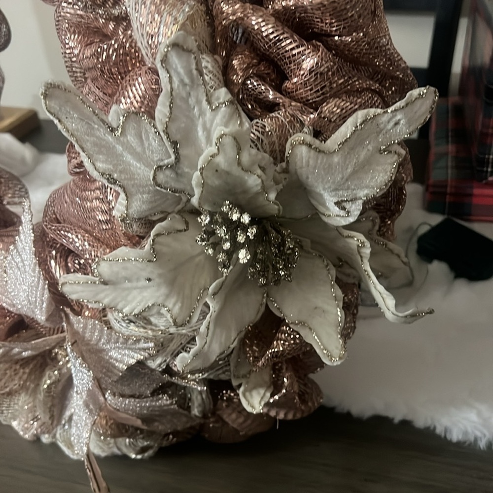 Winter Rose Gold and Champagne Deco Mesh Wreath - Picture 6 of 6